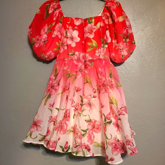 Flying Tomato Bright Pink Ombre V Neck Babydoll Mini Dress Sz Small Puff Sleeves - Picture 3 of 10